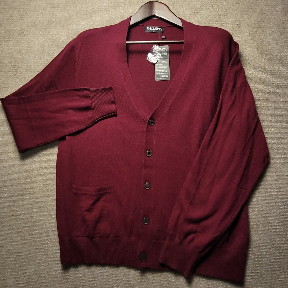 Kallspin Cardigan Mens Large Burgundy Red V-Neck Button Front Pockets New